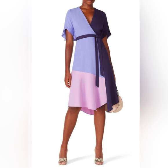 Antropologie Hutch V Neck Color Block Flutter Sleeve Wrap Dress Blue/Lilac Sz M - Picture 1 of 12